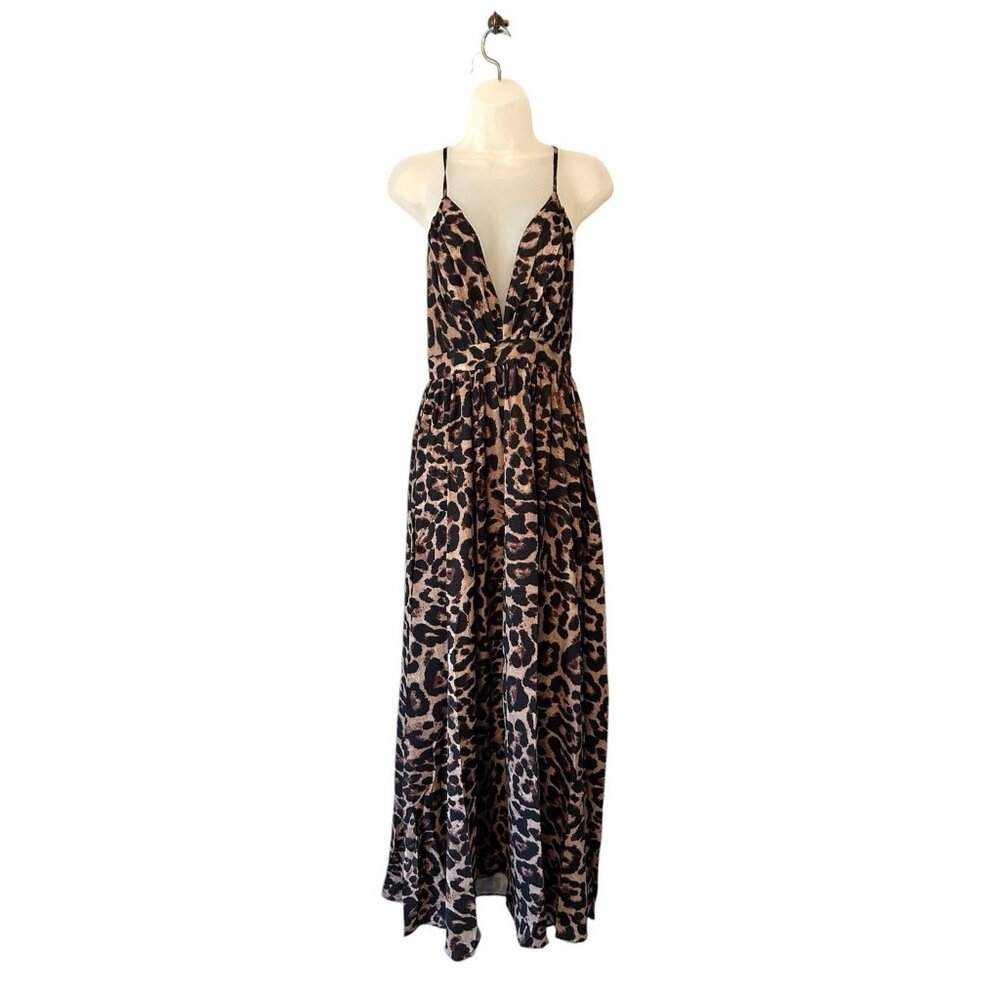 Leopard Animal Print Boutique Maxi Dress Deep V Neck Criss Cross Open Back SMALL
